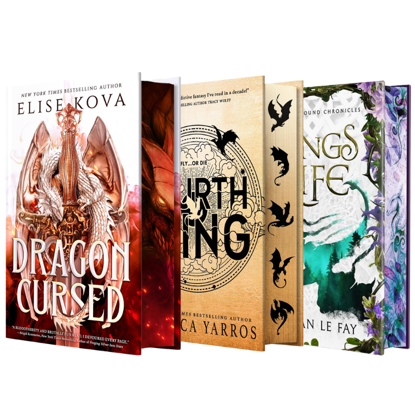 Five fantasy book covers fanned out against Embervale's dark blue background, including Dragon Cursed by Elise Kova, Fourth Wing by Rebecca Yarros, and Wings of Life by Meghan Le Fay