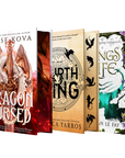 Five fantasy book covers fanned out against Embervale's dark blue background, including Dragon Cursed by Elise Kova, Fourth Wing by Rebecca Yarros, and Wings of Life by Meghan Le Fay