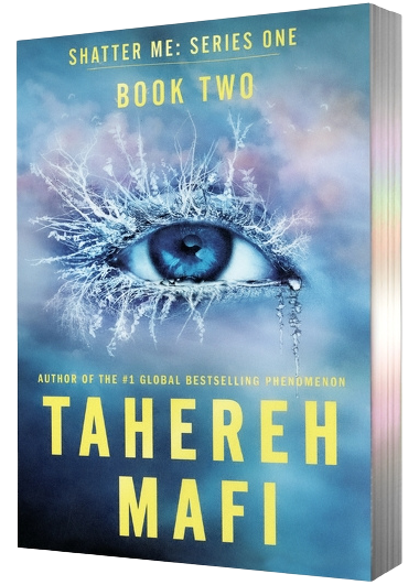 A 3D book mockup of 'Unravel Me' from Shatter Me: Series One by Tahereh Mafi, featuring a dramatic icy blue eye illustration on the front cover with bold yellow text on embervale.ca