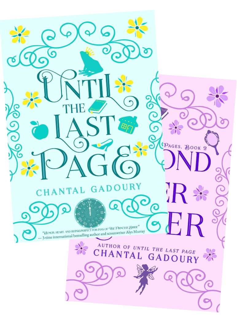 Two book covers for Chantal Gadoury's 'Wanderer of Pages' book series, featuring 'Until the Last Page' with a light blue cover with teal and yellow illustrations and 'Beyond Ever After' with a light pink cover with purple illustrations, fanned out against a transparent background on embervale.ca