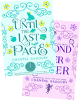 Two book covers for Chantal Gadoury's 'Wanderer of Pages' book series, featuring 'Until the Last Page' with a light blue cover with teal and yellow illustrations and 'Beyond Ever After' with a light pink cover with purple illustrations, fanned out against a transparent background on embervale.ca