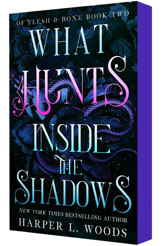 Book cover of 'What Hunts Inside the Shadows' by Harper L. Woods on a white background on embervale.ca