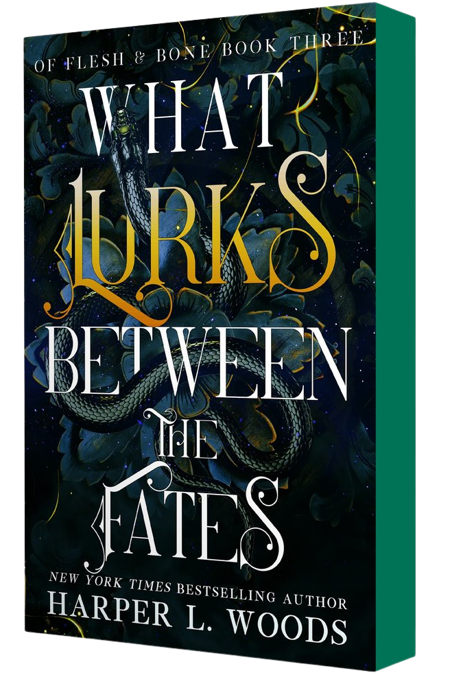 Book cover of 'What Lurks Between the Fates' by Harper L. Woods on a white background