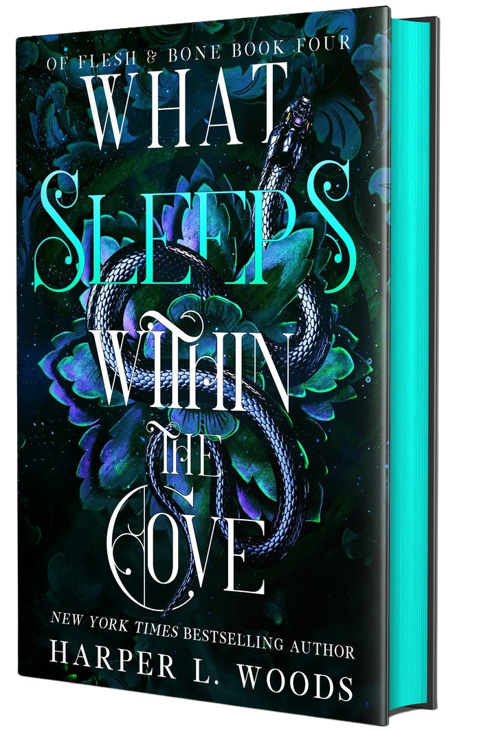 Book cover of 'What Sleeps Within the Cove' by Harper L. Woods with a snake and floral design on embervale.ca