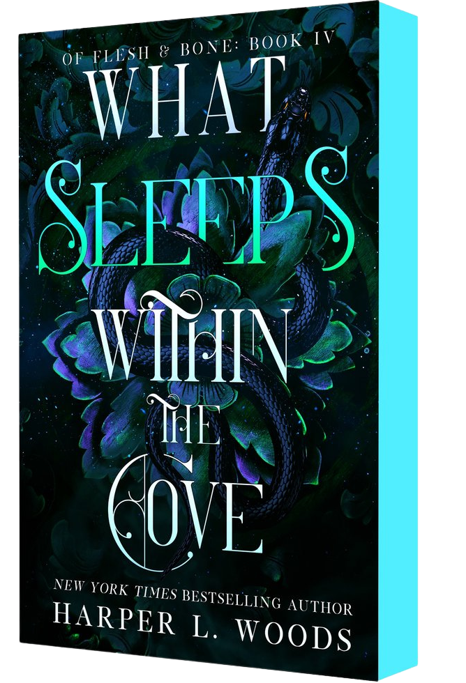 Book cover of 'What Sleeps Within the Cove' by Harper L. Woods with a dark floral design on embervale.ca