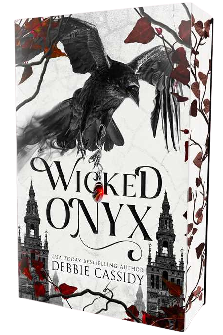 Book cover for 'Wicked Onyx' by Debbie Cassidy, featuring a large black raven in flight over gothic towers with red leaves and a white textured background on embervale.ca